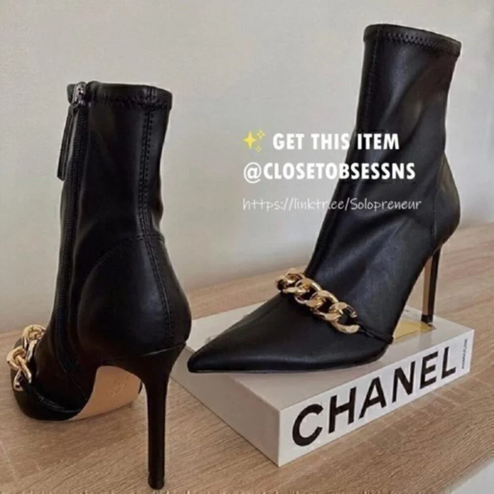 Zara Black Pointed Toe Stiletto Ankle Boots with Gold Chain